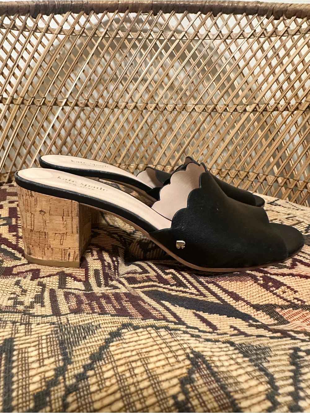kate spade Black Leather Scallop-Edge Cork Block Heel Mules - Picture 3 of 6